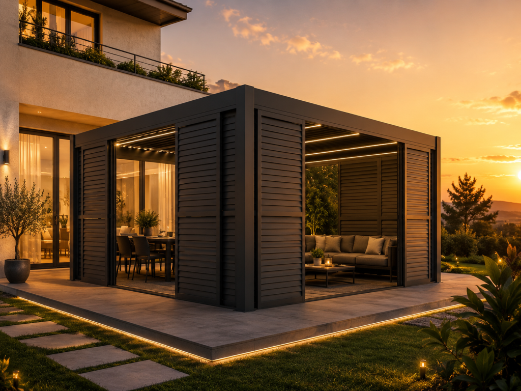 ALUNO bioklimatska pergola 6x4 m s LED rasvjetom i aluminijskim letvicama na terasi obiteljske kuće u večernjim satima